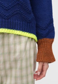 Suéter de punto con cuerpo azul, dobladillo verde neón y puños acanalados marrones. Llevado sobre pantalones de cuadros beige con rayas verdes.