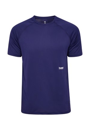 Navy-blaues Sport-T-Shirt aus leichtem Stoff. Mit kurzen Ärmeln, Rundhalsausschnitt und einem kleinen weißen Logo auf der Vorderseite.