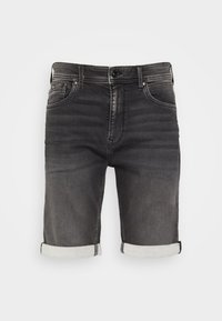 Shorts de mezclilla negra con una textura suave, dobladillo enrollado, bolsillos frontales y un diseño clásico de cinco bolsillos.