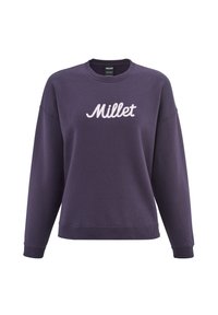 Fioletowa bluza z okrągłym dekoltem i długimi rękawami. Na przodzie wyszyty napis "Millet" w kolorze białym. Ściągacze na rękawach i u dołu. Miękka tekstura.