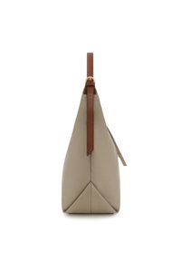 Beige leather handbag with a triangular shape, brown leather strap, and a textured finish, featuring a contrasting seam detail at the base.