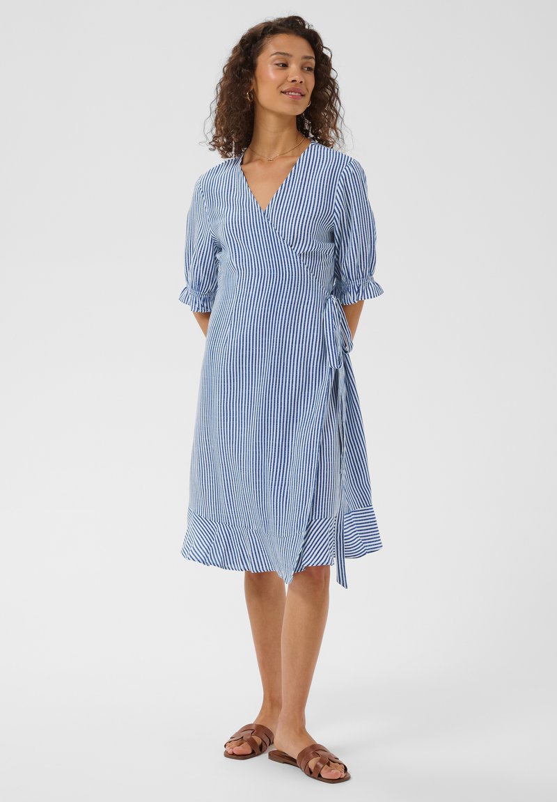 Femme portant une robe portefeuille à rayures verticales bleues et blanches, avec des manches à volants et un ourlet volanté, debout, les mains dans le dos, avec des sandales marron.
