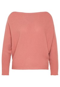 Maglione oversize a coste in un morbido colore corallo. Presenta una scollatura ampia e maniche lunghe con polsini leggermente svasati. Tessuto strutturato.