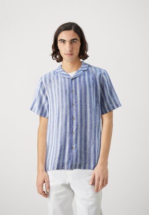 Blue and white striped short-sleeve shirt made of lightweight fabric, featuring a camp collar and front button closure. Soft texture.