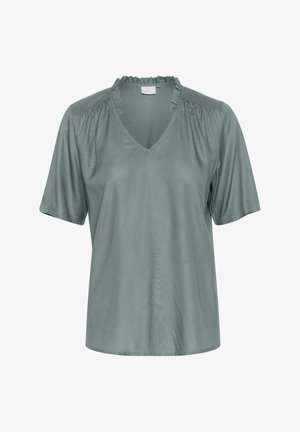 Kék-zöld, rövid ujjú, V nyakkivágású felső, vállain ráncolt részletekkel és sima, könnyű anyagból. Relaxált fazon.