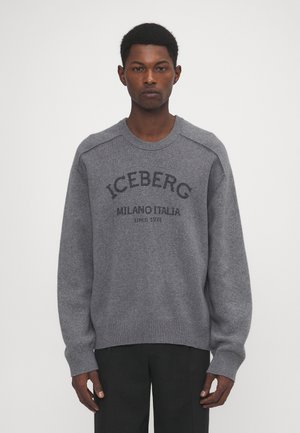 Grå stickad tröja med ribbade ärmslut och nederkant, med en svart logotryck "ICEBERG MILANO ITALIA SINCE 1974" över bröstet.