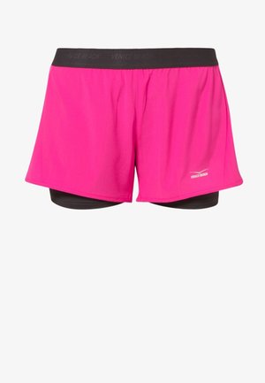 Różowe sportowe szorty z czarnym pasem w talii. Posiadają wewnętrzną warstwę i gładką teksturę. Na pasie znajduje się napis "VENICE BEACH".