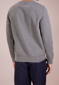Sudadera gris con mangas largas, puños y dobladillo acanalados, con cuello redondo y textura suave, mostrada desde atrás.