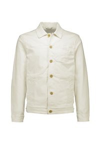 Biała kurtka dżinsowa z kołnierzem, długimi rękawami i kieszenią na piersi, z czterema widocznymi guzikami i gładką teksturą.