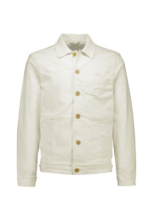 Veste en jean blanche avec col, manches longues et poche poitrine, dotée de quatre boutons visibles et d'une texture lisse.