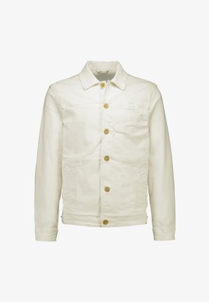 Veste en jean blanche avec col, manches longues et poche poitrine, dotée de quatre boutons visibles et d'une texture lisse.