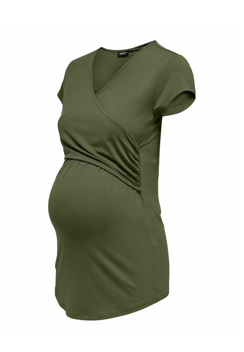 Top per maternità in verde oliva, realizzato in morbido tessuto, con un design a portafoglio e dettagli arricciati sui lati per maggiore elasticità e comfort.