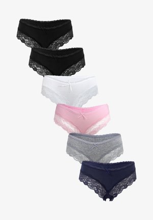 Cotton lace-trimmed panties in black, white, pink, gray, and navy. Each features a bow accent and scalloped edges.