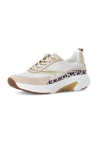 Beige Sport Sneakers aus Mesh und Wildleder. Enthält einen Akzent im Leopardenmuster, goldene Details und eine flexible Sohle aus weißem Gummi.