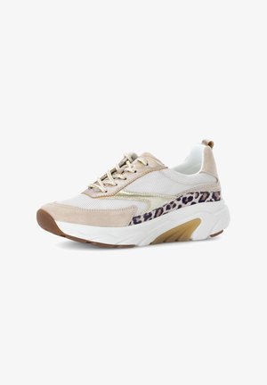 Beige Sport Sneakers aus Mesh und Wildleder. Enthält einen Akzent im Leopardenmuster, goldene Details und eine flexible Sohle aus weißem Gummi.