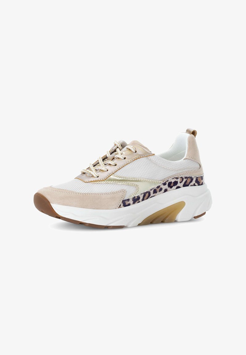 Beige Sport Sneakers aus Mesh und Wildleder. Enthält einen Akzent im Leopardenmuster, goldene Details und eine flexible Sohle aus weißem Gummi.