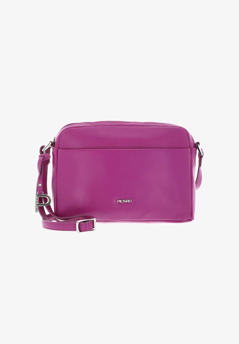 Sac en cuir violet à bandoulière avec une sangle ajustable et le logo argenté "PICARD" centré sur le panneau avant, sur fond blanc.