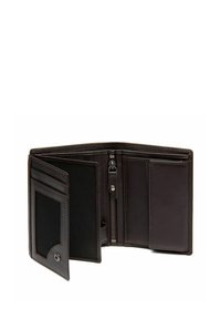 Brown leather wallet, bifold design, features card slots, a zippered compartment, and textured accents. Compact and functional layout.