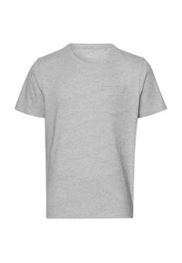 Szara bawełniana koszulka z okrągłym dekoltem, krótkimi rękawami i jedną kieszonką na piersi. Prosty, jednolity kolor z miękką teksturą.