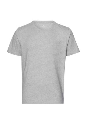 Szara bawełniana koszulka z okrągłym dekoltem, krótkimi rękawami i jedną kieszonką na piersi. Prosty, jednolity kolor z miękką teksturą.