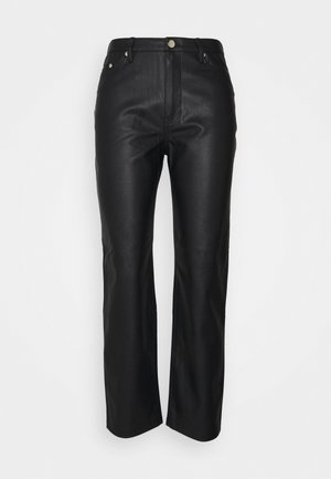 Black high-waist straight-leg leather pants with front button and zipper closure, belt loops, and visible stitching.