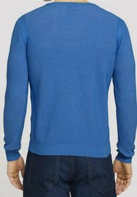 Maglione azzurro con texture, scollo rotondo e maniche lunghe, con orlo e polsini a coste. La vista posteriore mostra un design aderente.