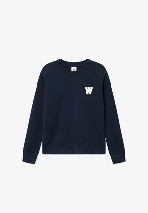 Marineblauwe gebreide trui met een ronde hals, geribbelde manchetten en zoom, met een wit "W" logo op het linkerborstgebied.