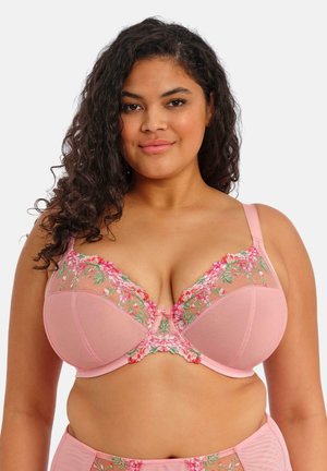 Sujetador rosa con bordados florales en tonos de rosa y verde, con copa superior de malla y copa inferior acolchada, que ofrece un soporte estructurado.