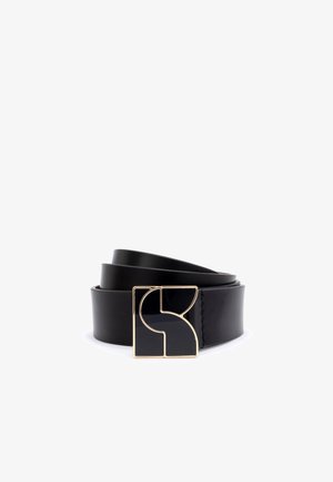 Black leather belt with a glossy black geometric buckle framed in gold. The belt is smooth with a sleek, modern design.