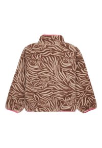 Bruin en beige fleecejack met bloemen- en zebra-patroon, hoge kraag en elastische manchetten, weergegeven vanuit de achterkant op een witte achtergrond.