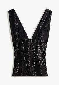 Čierny bezrúškový top s hlbokým V-výstrihom, so sieťkovou výšivkou vpredu a hladkým materiálom na zadnej strane, s priliehavým strihom.