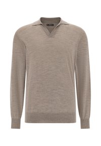 Beige svetr s dlouhým rukávem a výstřihem do V, límečkovým designem, vyrobený z měkké texturované látky s žebrovanými manžetami a lemem.