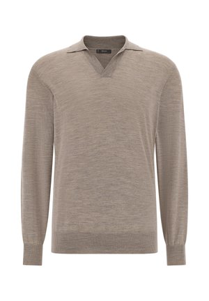 Maglione beige a maniche lunghe con scollo a V e design con colletto, realizzato in morbido tessuto testurizzato con polsini e orlo a coste.
