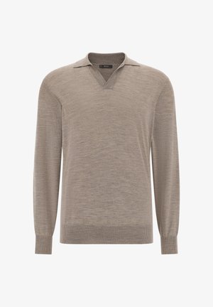 Béžový sveter s dlhým rukávom a V-výstrihom, zdobený golierom, vyrobený z mäkkej, textúrovanej látky s rebrovanými manžetami a lemom.