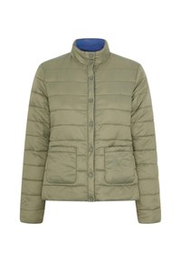 Pufferjack in olijfgroen, met horizontale stiksel, staande kraag, knoopsluiting aan de voorkant en twee opgestikte zakken.