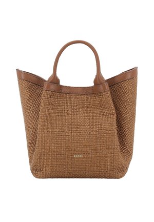 Braune gewebte Lederhandtasche mit zwei kurzen Griffen und einer leicht ausgestellten Form, mit einem kleinen goldenen Logo auf der Vorderseite.