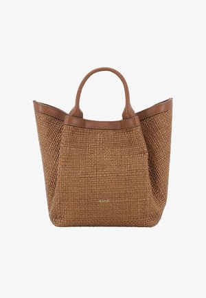 Brown woven leather handbag with two short handles and a slightly flared shape, featuring a small gold logo on the front.