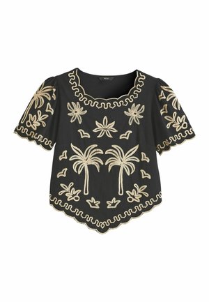 Blouse noire à manches courtes avec broderie tropicale beige de palmiers, fleurs et oiseaux, présentant un ourlet et un décolleté festonnés.