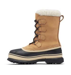 Tan leather boot with a black rubber sole, white fleece lining, and black metal lace hooks. Features a sturdy treaded bottom for grip.