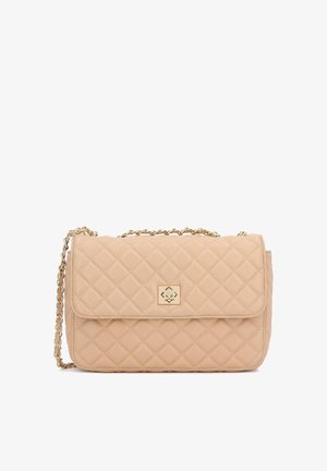 Beez värvi tikandiga käekott kuldse kettidega ja ristküliku kujulise kinnitusega. Sile nahkne tekstuur teemantmustriga.