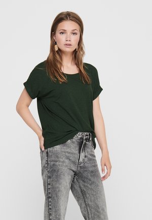 Dark green, short-sleeve t-shirt with a round neckline. Paired with high-waisted, distressed gray jeans. Casual fit and soft texture.