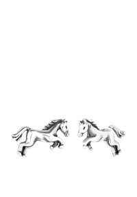 Silberne ohrringe in Form von Pferden mit detaillierten Mähnen und Beinen in einer springenden Pose, mit einem polierten Metallfinish.
