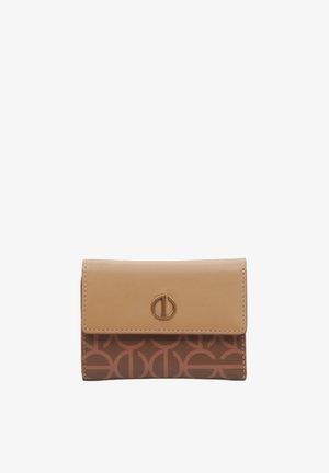 Beżowy portfel z imitacji skóry, górna część gładka, a dolna ozdobiona wzorem w odcieniach brązu. Posiada okrągłe zapięcie zatrzaskowe w kolorze złotym.