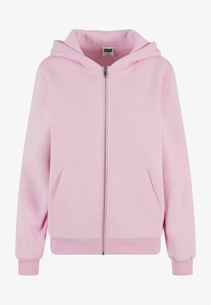 Różowa bluza z zamkiem, wykonana z miękkiego materiału, z przednim zamkiem, dwoma bocznymi kieszeniami oraz regulowanymi sznurkami w kapturze.