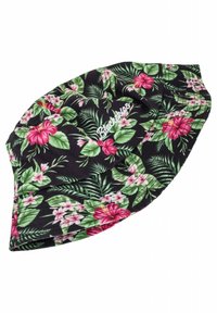 Cappello a secchiello floreale con sfondo nero, decorato con hibiscus rosa e bianchi e foglie verdi. Include la scritta "Blackbirds" ricamata in bianco.