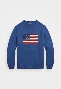 Suéter de punto azul con un diseño texturizado de la bandera estadounidense en la parte delantera, con puños y dobladillo acanalados. Hecho de un tejido suave y tejido.