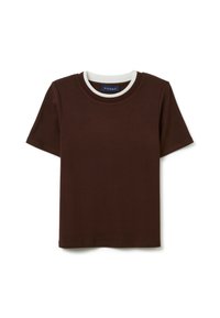 T-shirt marrone a maniche corte realizzato in morbido cotone, con un colletto a girocollo bianco a contrasto. Design semplice e pulito, senza motivi o logo visibili.