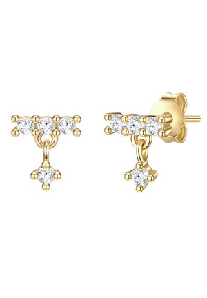 Pendientes en tono dorado que presentan tres cristales transparentes en un diseño horizontal con un cristal colgante inferior, de forma redonda y acabado pulido.