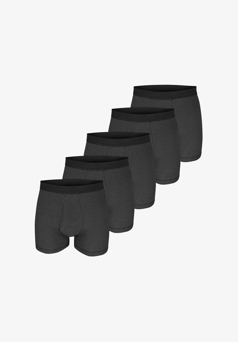 Five pairs of black boxer briefs with a textured finish, featuring a soft elastic waistband and no visible logos or patterns.