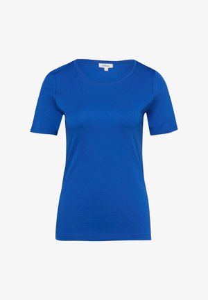 Effen koningsblauw T-shirt met korte mouwen, ronde hals en een getailleerde snit, met een klein wit merkembleem bij de halslijn.